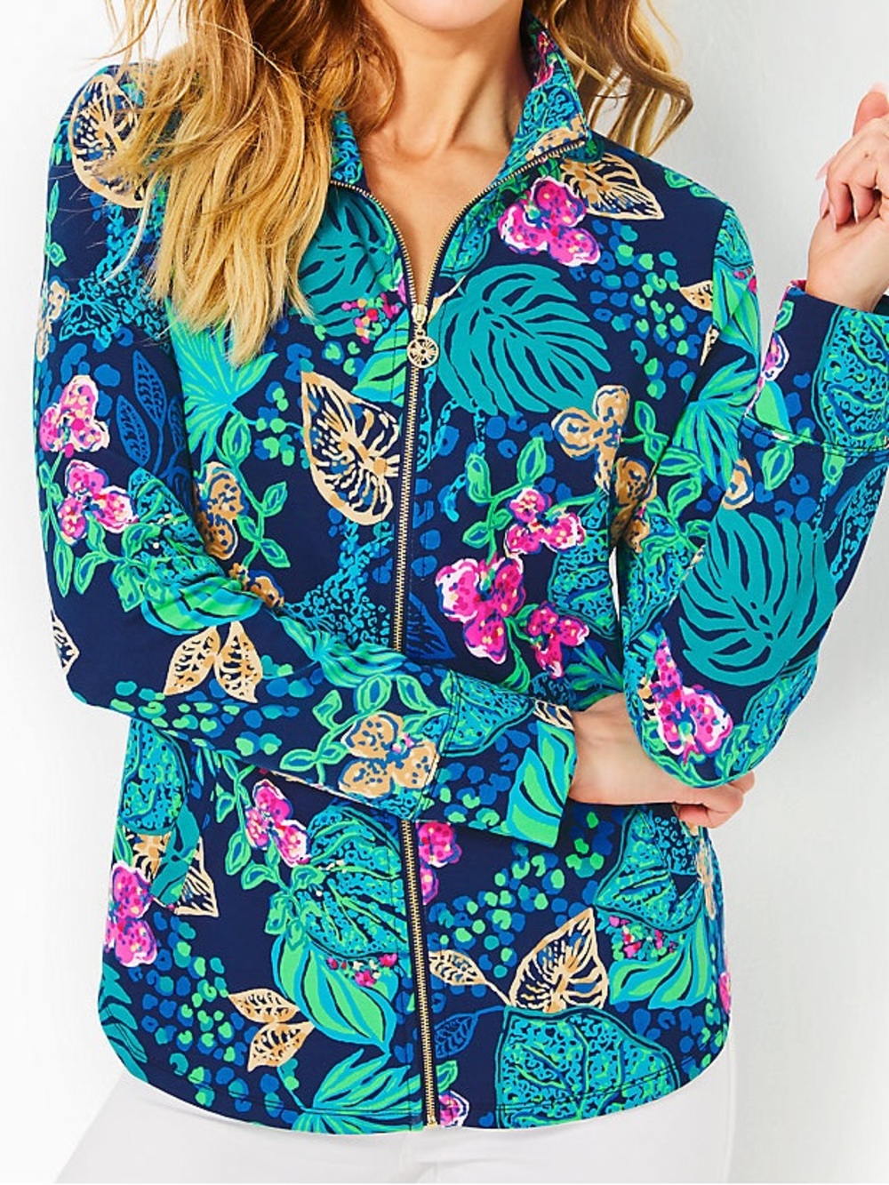Lilly Pulitzer Sz XXL LEONA UPF 50+ ZIP-UP, LOW TIDE NAVY LIFE OF THE PARTY